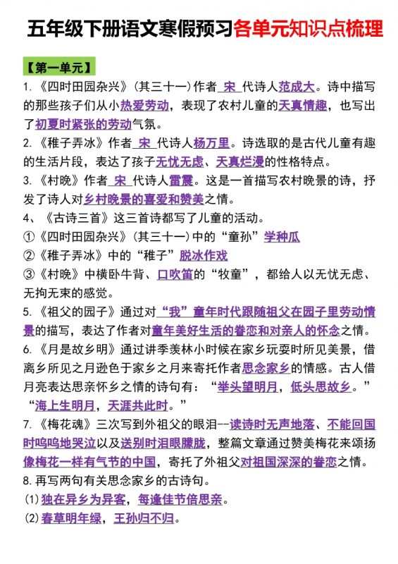 【2026最新合集版】《全册常考知识点归纳》1-6年级下册语文-985文库