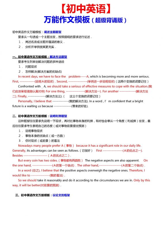 初中英语优秀范文(经典句子+万能模板+高分开头写作技巧)-985文库