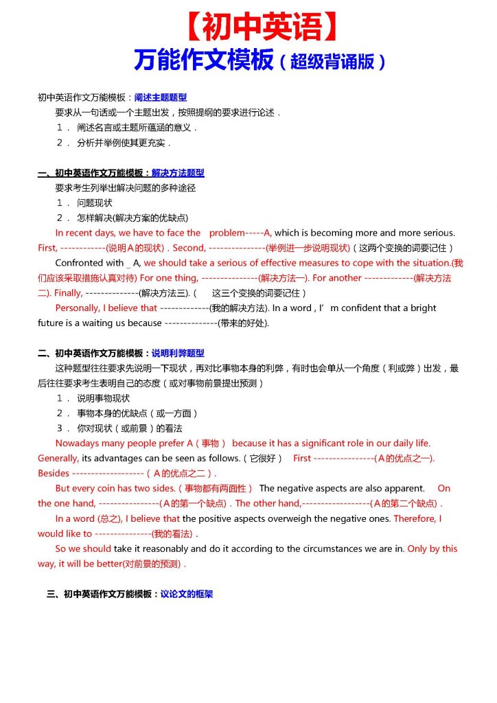 初中英语优秀范文（经典句子+万能模板+高分开头写作技巧）-985文库