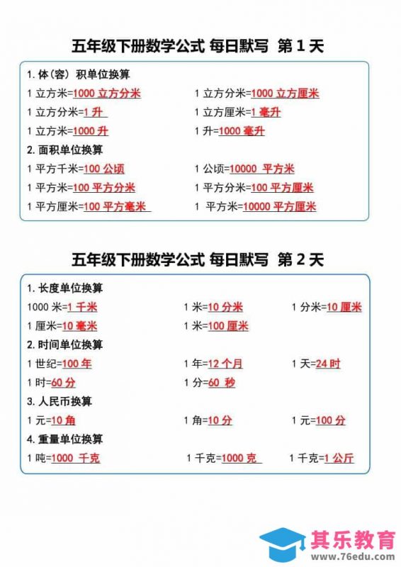 五年级下数学数学公式每日默写小纸条-985文库