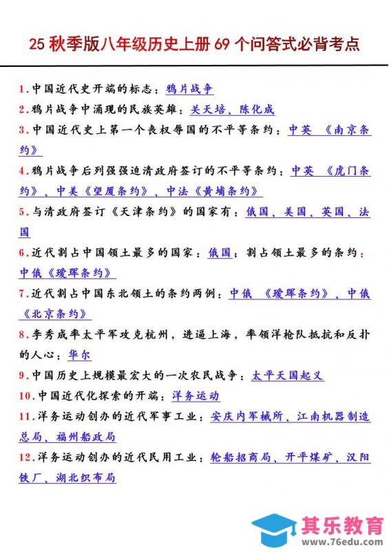 【2025秋新版】八年级历史上册69个问答式必背考点-985文库