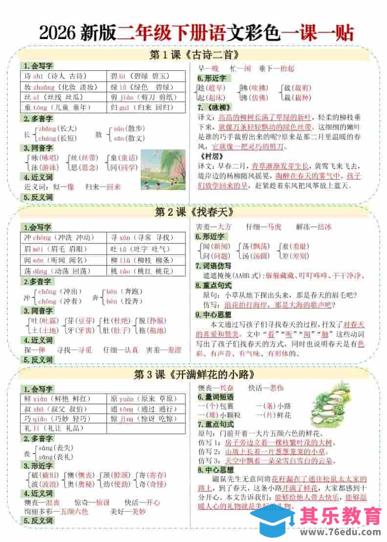 二年级下语文【彩色重点一课一贴】-985文库