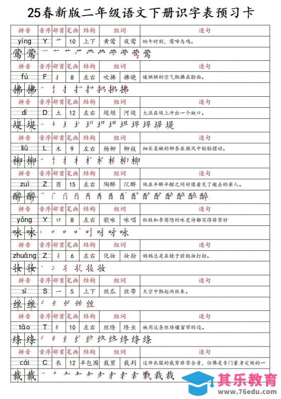 25春新二下语文识字表预习卡（组词造句拼音部首笔画笔顺结构）47页-985文库