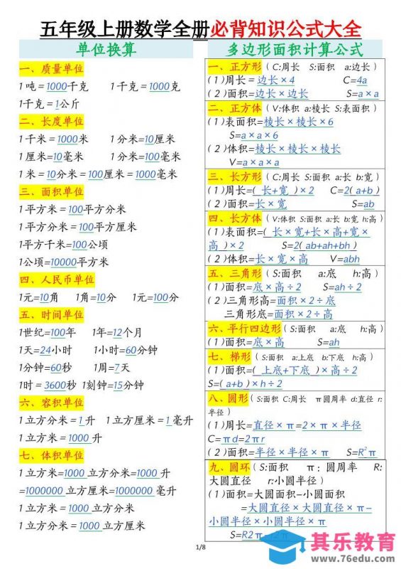 五年级上数学全册必背知识公式大全-985文库