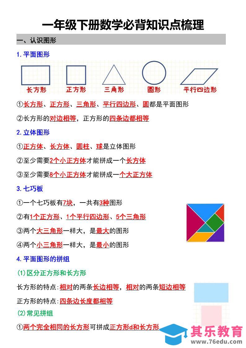 一年级下数学必背知识点梳理-985文库