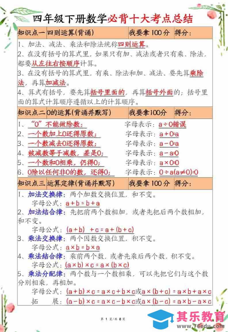 四年级下数学十大必背考点总结-985文库