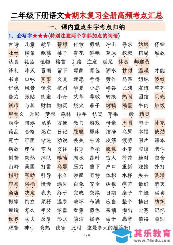 【期末复习全册高频考点必考知识点汇总（27页）】二下语文-985文库