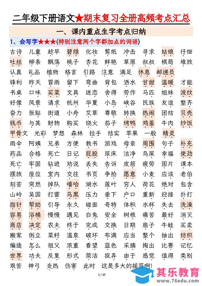 【期末复习全册高频考点必考知识点汇总（27页）】二下语文-985文库
