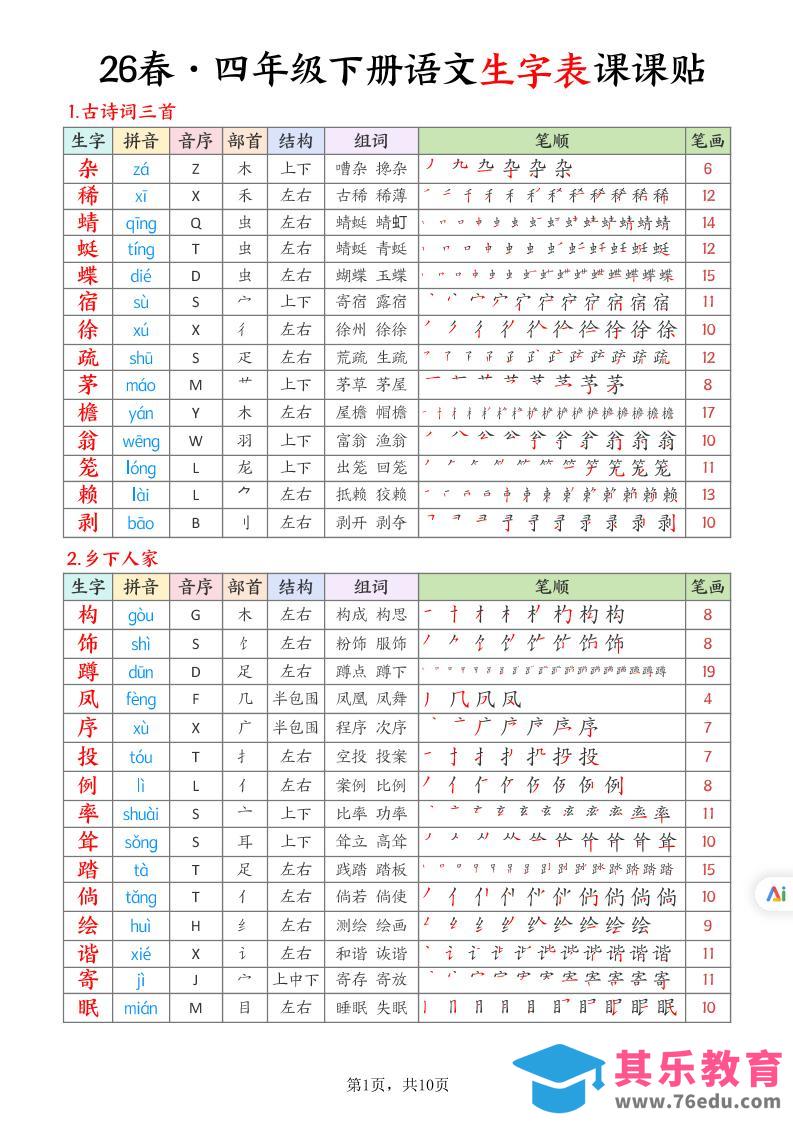 26春四下语文生字表课课贴10页-985文库