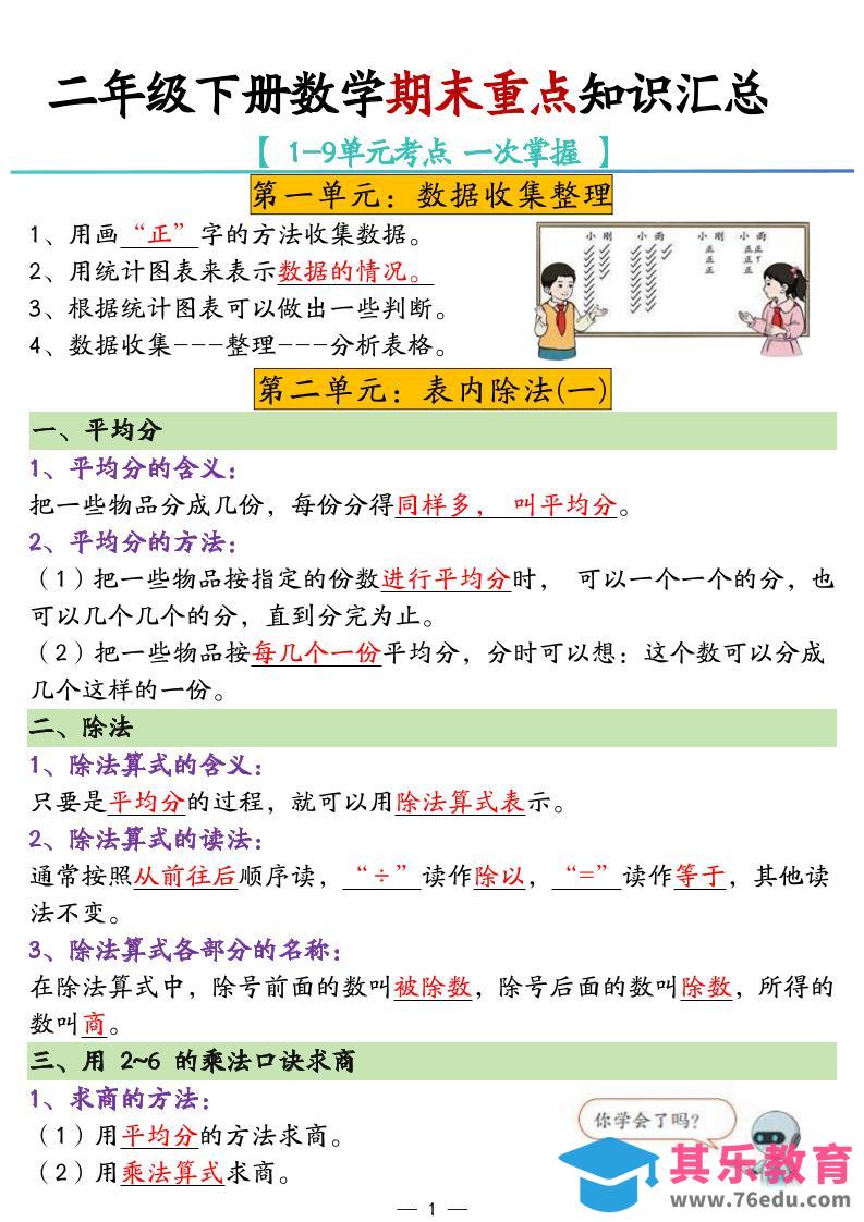 二年级下册数学期末重点知识汇总-985文库