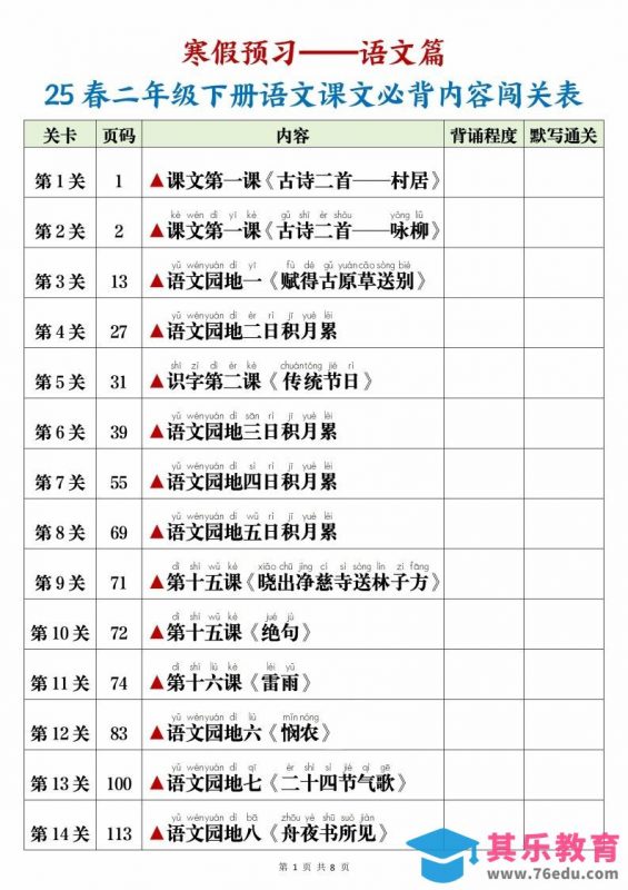 25春二下语文课文必背内容闯关表+默写8页-985文库