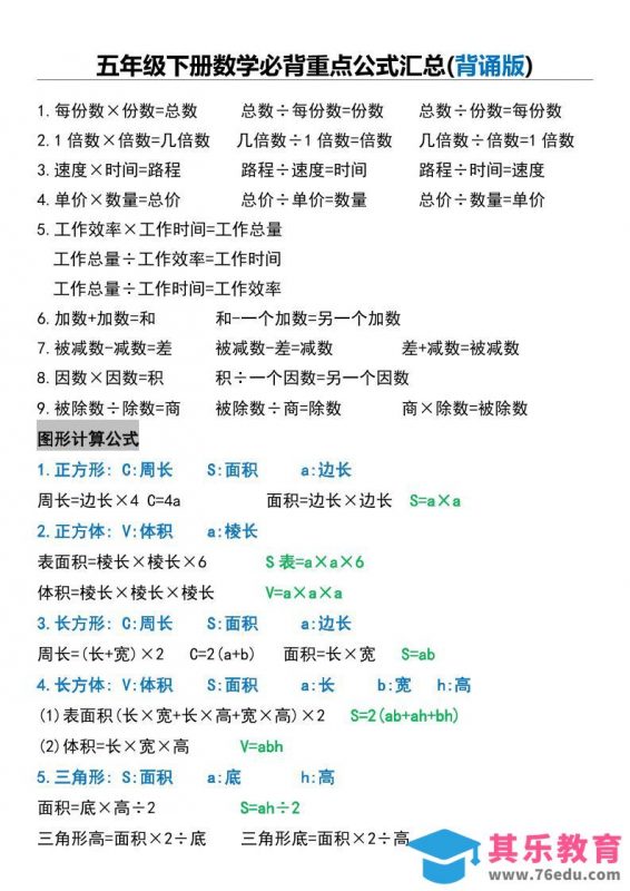 五年级下册数学必背重点公式汇总-985文库