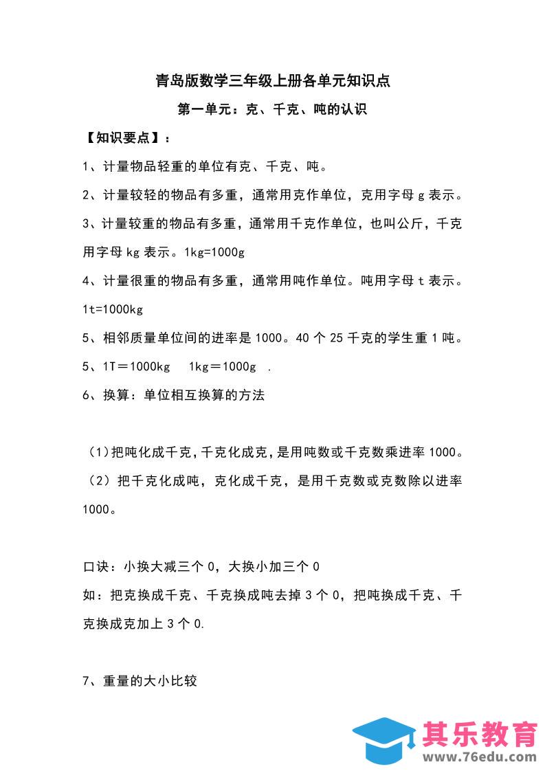 三上青岛版数学重点知识点预习-985文库