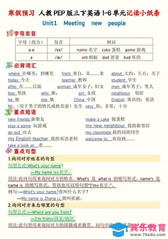 三年级下英语寒假预习1-6单元记读小纸条《人教版PEP》-985文库