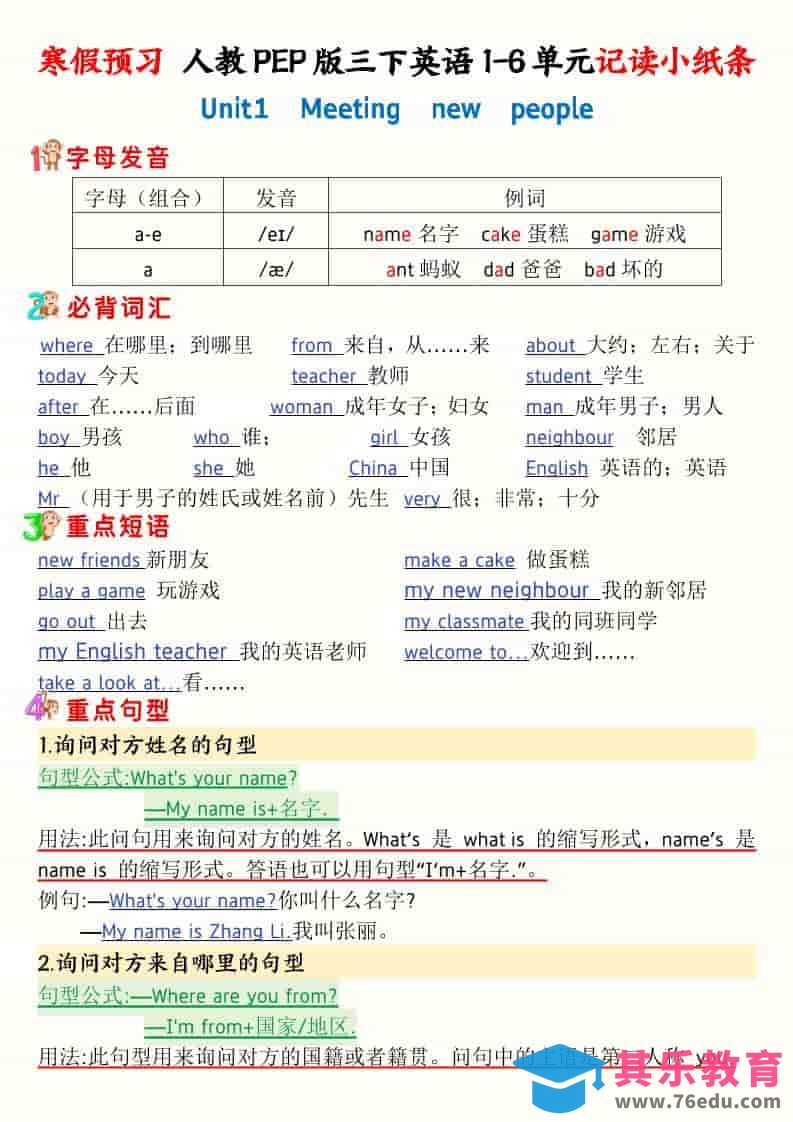 三年级下英语寒假预习1-6单元记读小纸条《人教版PEP》-985文库