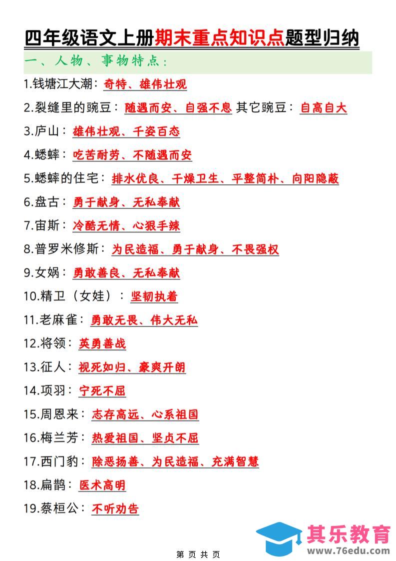 四年级上语文期末重点知识点题型归纳-985文库