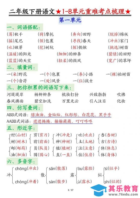 二下语文期末复习1-8单元重难考点梳理总结（17页）-985文库