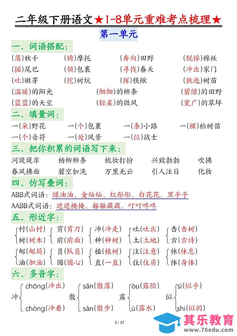 二下语文期末复习1-8单元重难考点梳理总结（17页）-985文库
