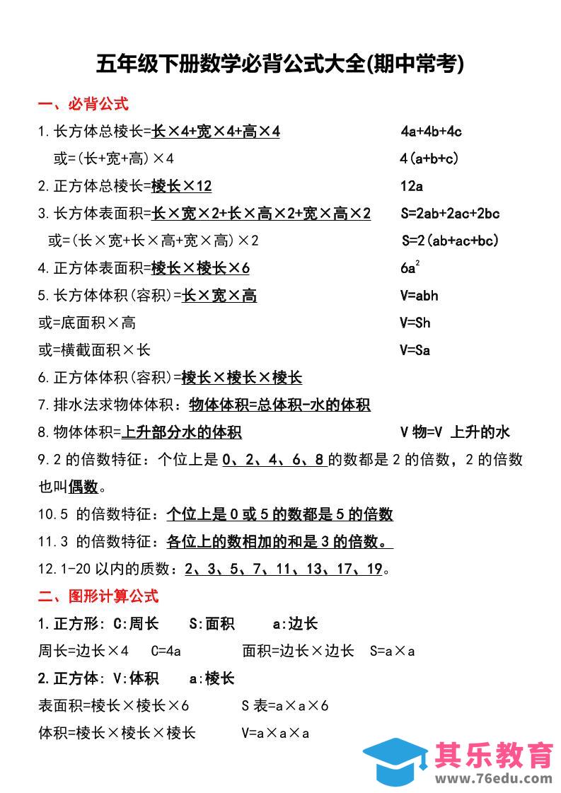 五年级下册数学必背公式大全(期中常考)-985文库