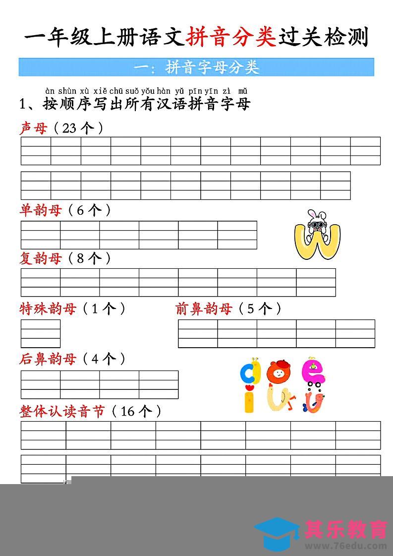一上语文汉语拼音分类过关检测（含答案7页）-985文库