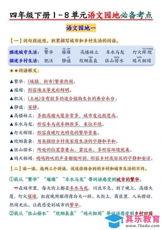 四年级下语文园地1-8单元必备考点-985文库