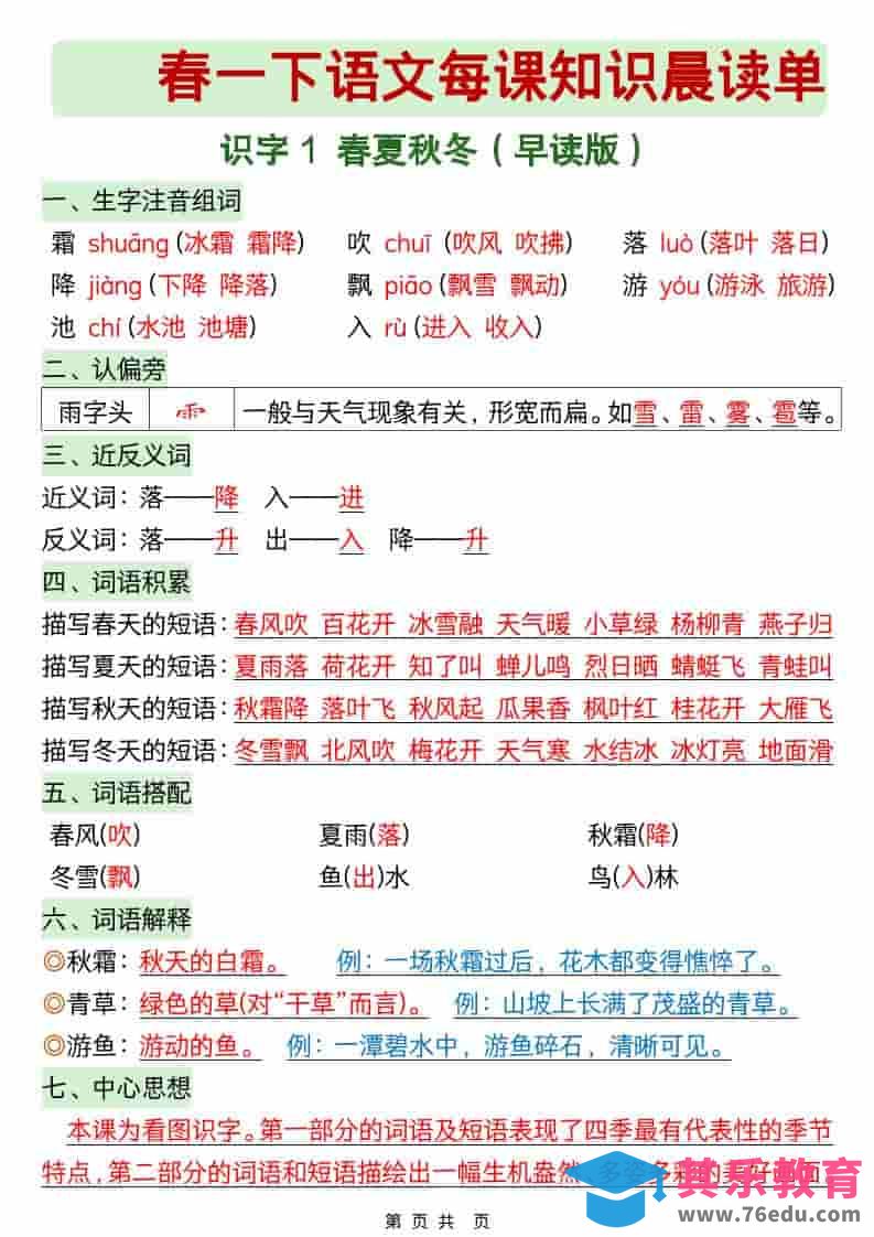 一年级下语文26春每课知识晨读单-985文库