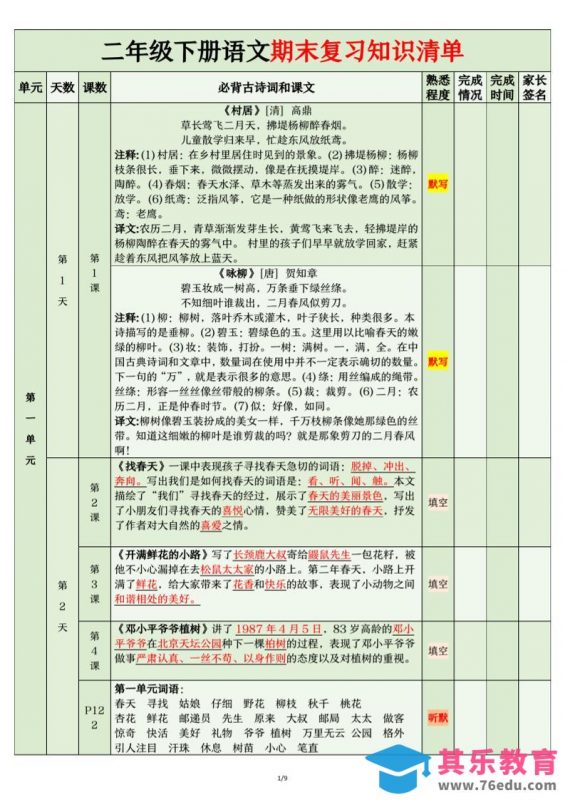 二年级下语文期末复习计划清单-985文库