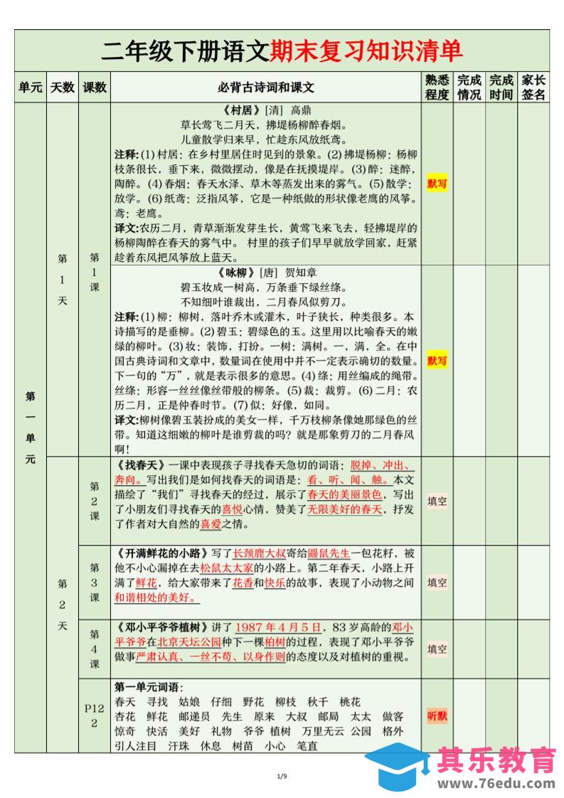 二年级下语文期末复习计划清单-985文库