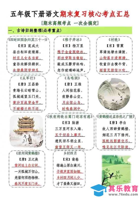 五年级下语文期末复习核心考点汇总-985文库