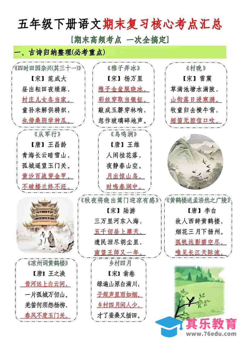 五年级下语文期末复习核心考点汇总-985文库