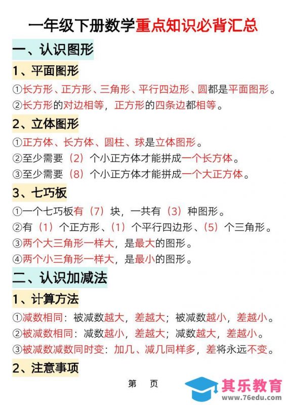 一年级下数学重点知识必背汇总-985文库