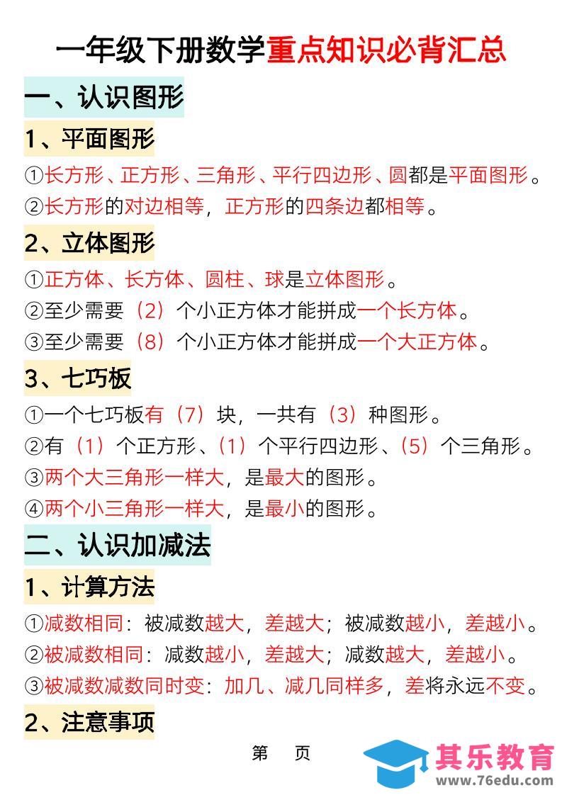 一年级下数学重点知识必背汇总-985文库