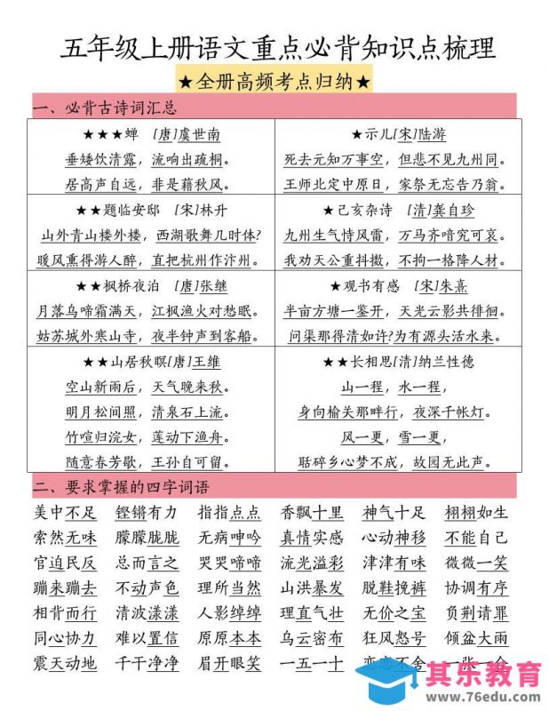 五上语文重点必背知识点梳理-985文库