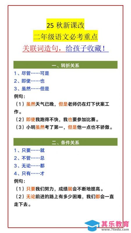 【2025秋新版】二年级语文必考重点关联词造句，给孩子收藏！-二上语文-985文库