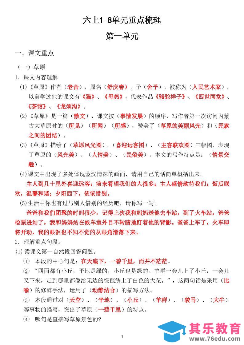六上1-8单元重点梳理（课文重点+语文园地）-985文库