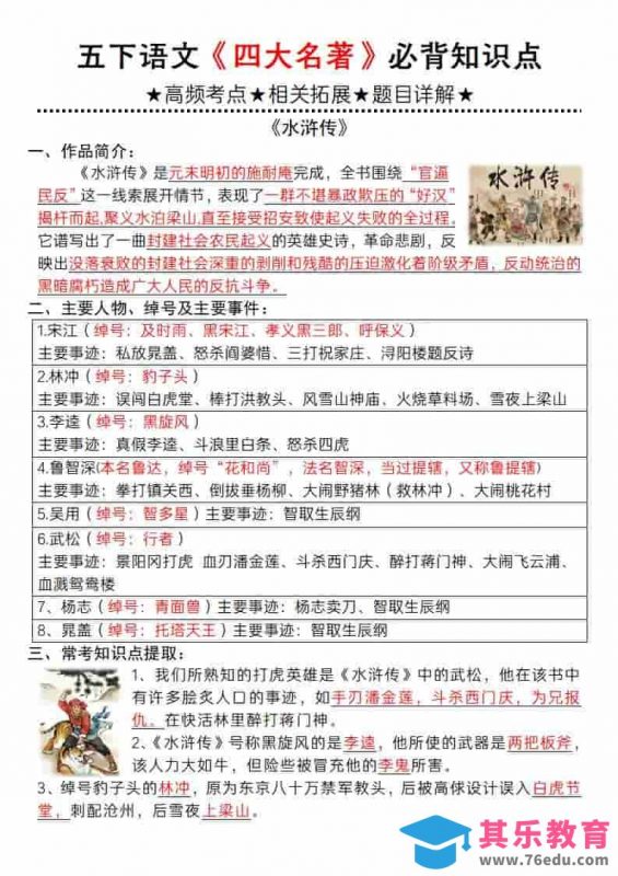 五年级下语文《四大名著》必背知识点-985文库