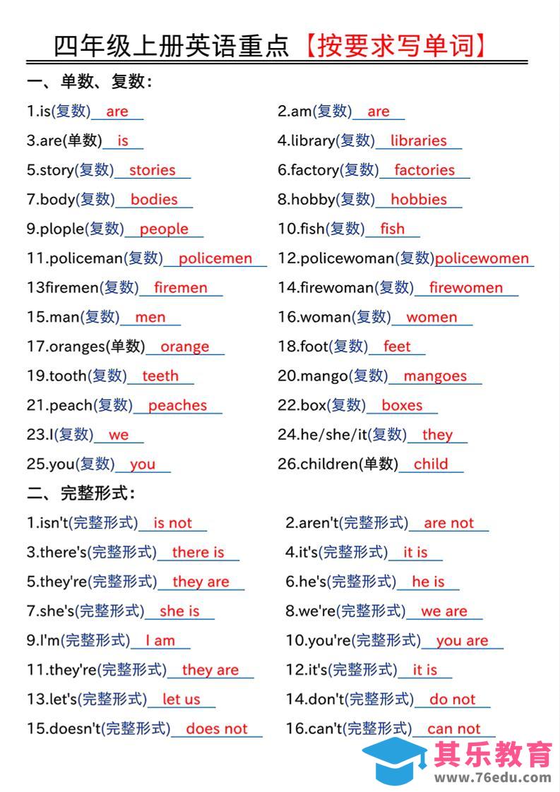 四年级上人教PEP版英语重点按要求写单词（答案）-985文库