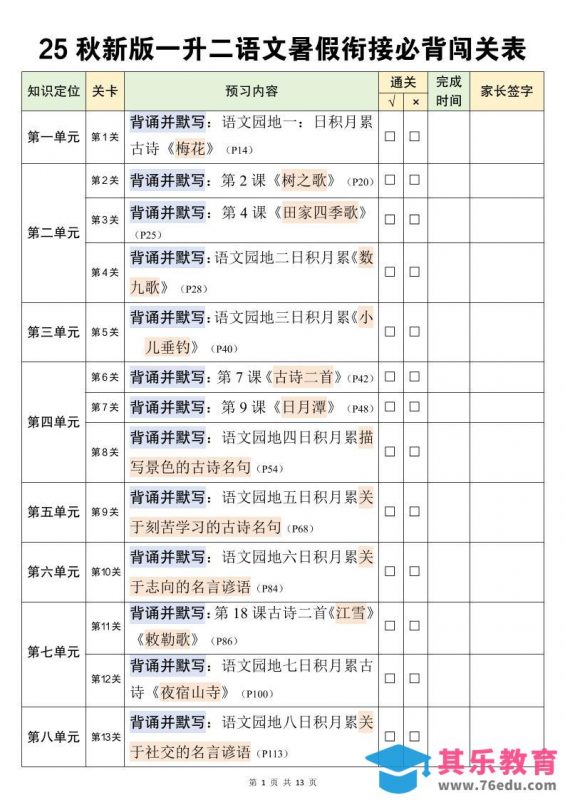 二上语文暑假衔接必背闯关表-985文库