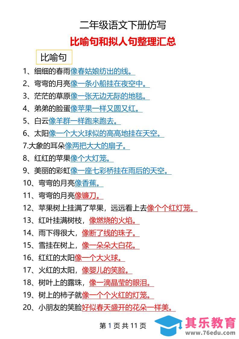 二年级下册语文仿写拟人比喻句整理汇总12页-985文库