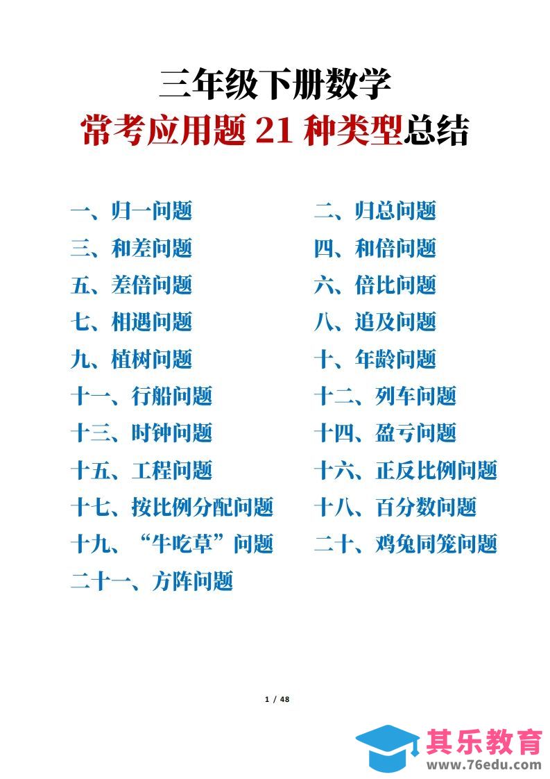 三年级下册数学常考应用题21种类型总结(附例题、解题思路)-985文库