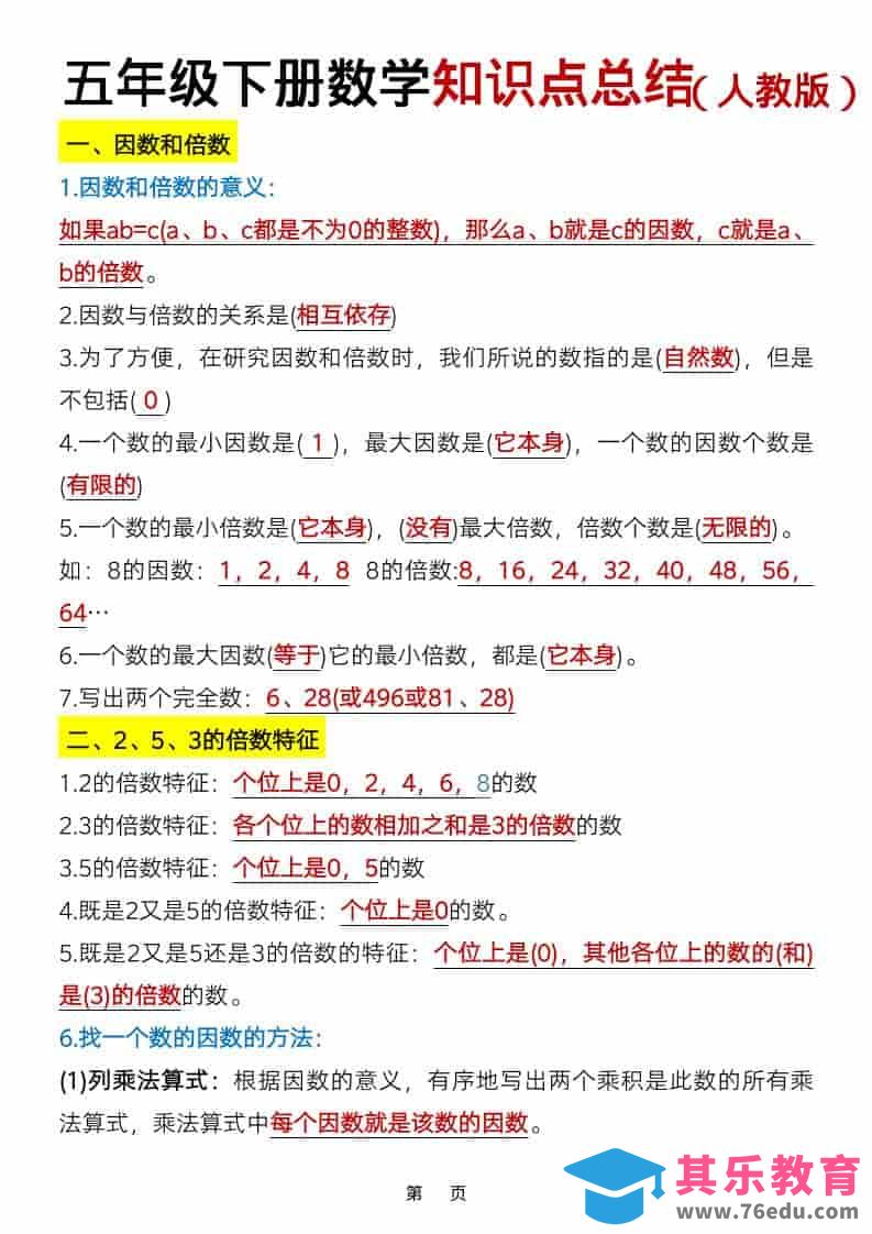 五年级下数学知识点总结《人教版》-985文库