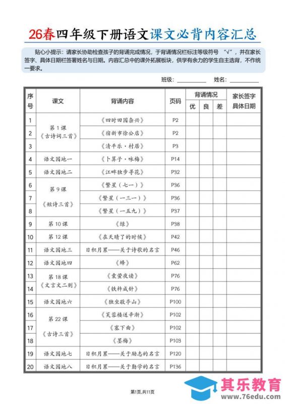 26春四下语文课文必背内容汇总（11页）-985文库