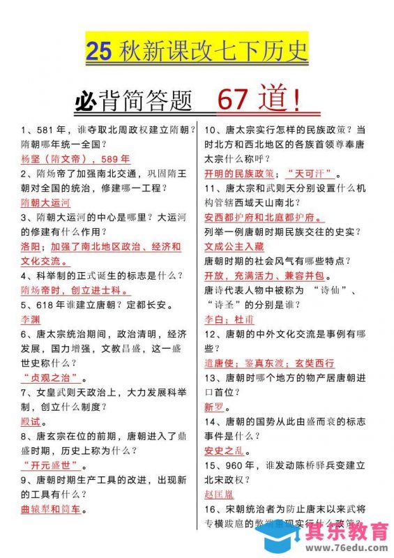 【2025秋新版】七年级下册历史必背简答题67道-985文库