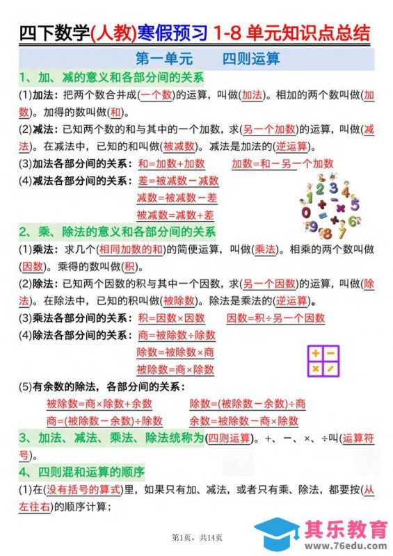 26春四下人教数学寒假预习1-8单元知识点总结14页-985文库