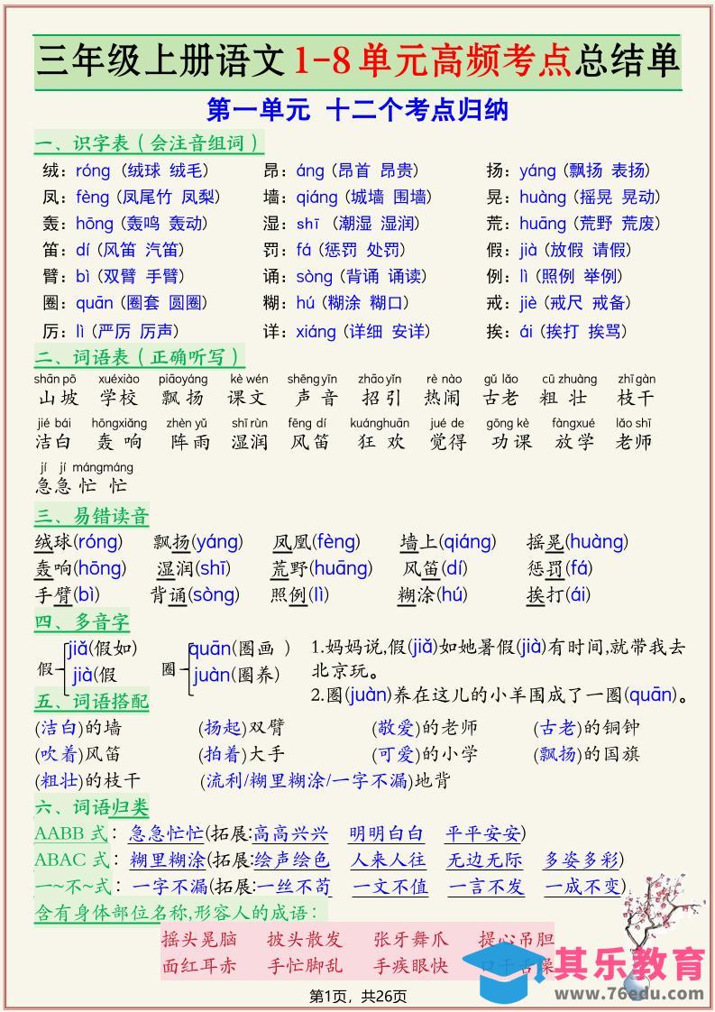 新三上语文复习1-8单元高频考点总结单（26页）-985文库