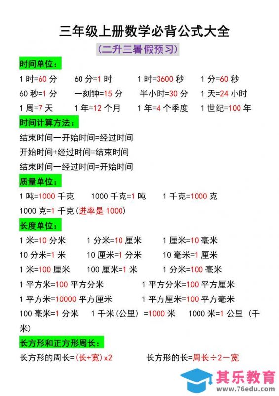 三年级上册数学必背公式大全-985文库