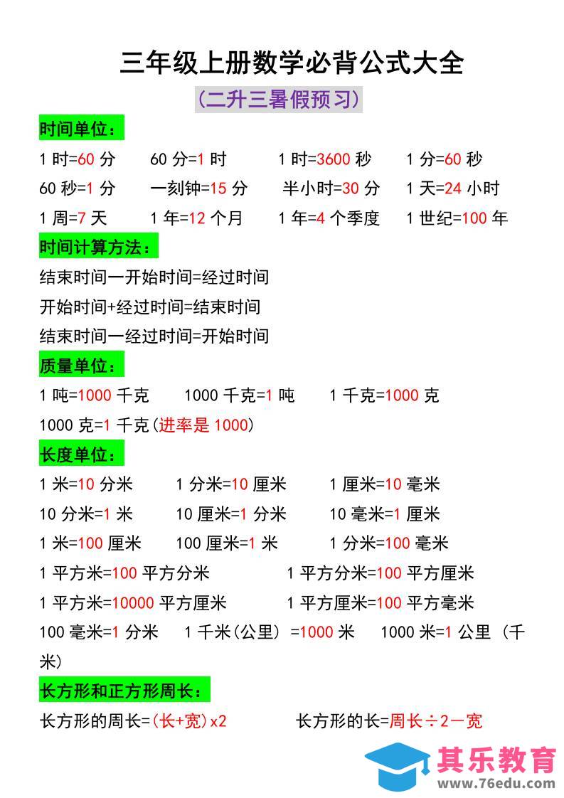 三年级上册数学必背公式大全-985文库