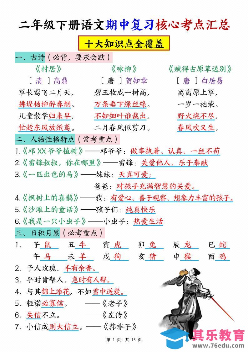 二下语文期中复习核心考点汇总（10大知识点）13页-985文库