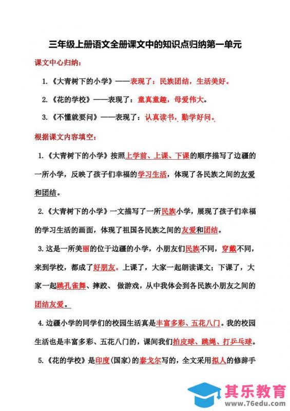 三年级上册语文全册课文中的知识点归纳-985文库