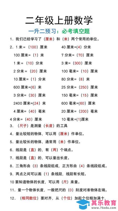 二年级上册数学暑假预习必做《重点填空题》-985文库